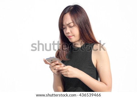 close up asian Thai girl touch smartphone on white background