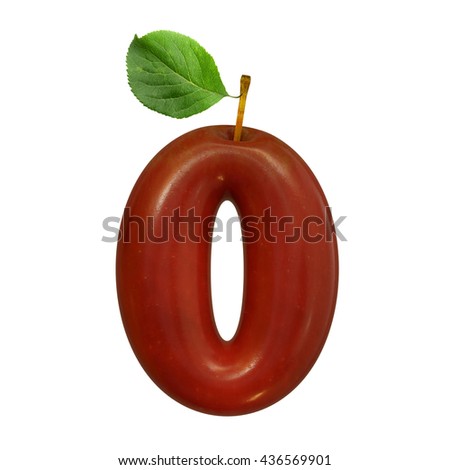  Red apple alphabet with leaf, isolated on white background. 3D illustration. Fruit. Number 0