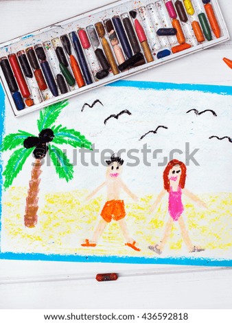 Colorful drawing: happy couple on the beach