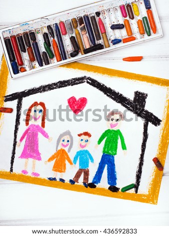 Colorful drawing: happy family at home