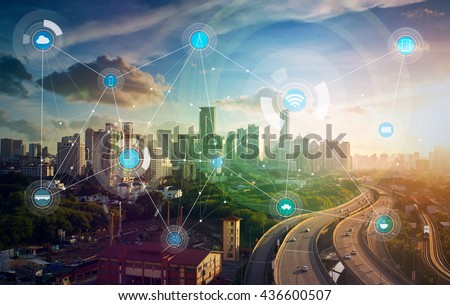 smart city and wireless communication network, abstract image visual, internet of things Royalty-Free Stock Photo #436600507