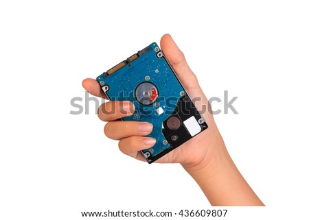 Showing hard disk, Hand holding hard drive isolated on white background.