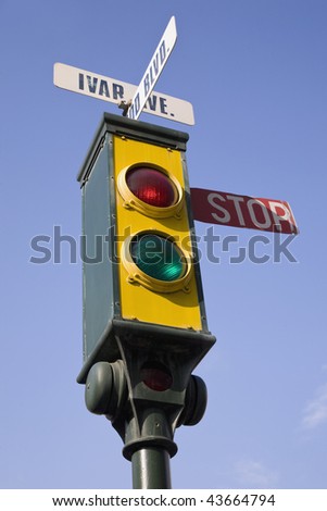 a vintage retro traffic lights/signal against a blue sky indicating stop
