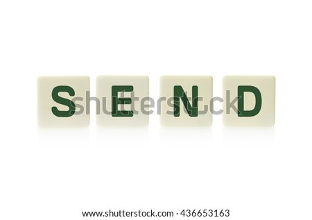 Word "Send" on board game square plastic tile pieces, isolated on a white background.
