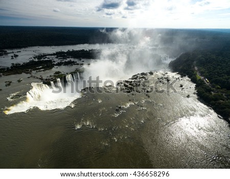 Aerial View of Iguazu Falls one of the world's great natural wonders, on the border of Brazil and Argentina