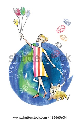 A girl with balloons, raster graphic