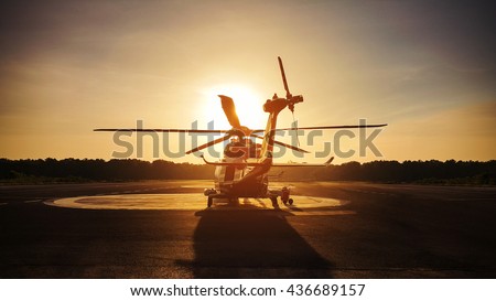 helicopter parking landing on offshore platform, Helicopter transfer crews or passenger to work in offshore oil and gas industry, air transportation for support passenger, ground service. Royalty-Free Stock Photo #436689157