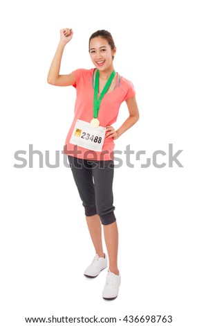 Woman Runner Got Medal Isolated On White.