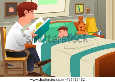 A vector illustration of father reading a bedtime story to his son