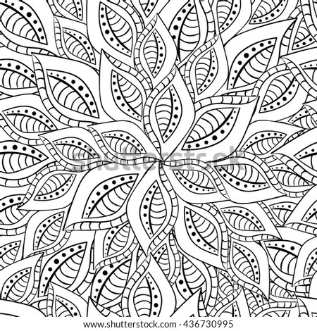 Vector abstract hand-drawn leaves background. Decorative hand drawn leaves nature ornamental sketchy, black and white.Page for coloring book adult and child Zentangle drawing.