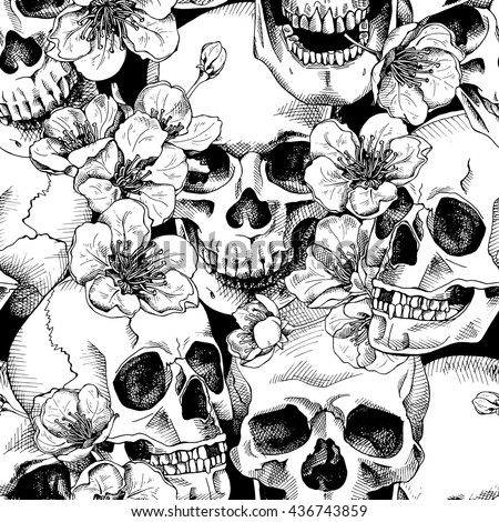 Seamless pattern with image a skull and with flowers cherry. Vector illustration.