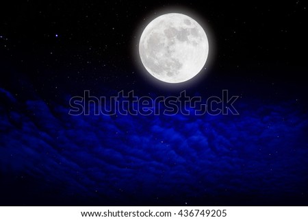 Wonderful background, night sky with full moon, stars, beautiful clouds.