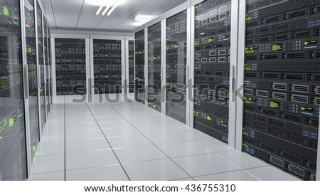 Hosting services. Servers in datacenter. 3D rendered illustration.