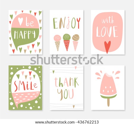 Set of cute creative card templates. Hand Drawn. For birthday, anniversary, party invitations. Vector illustration. Pink, green, beige.