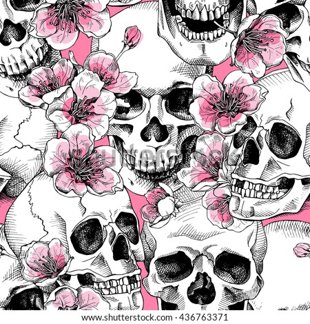 Seamless pattern with image a skull and with flowers pink cherry. Vector illustration.