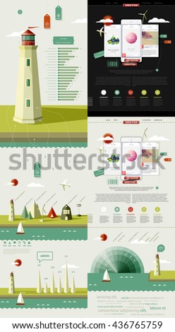 infographics elements with lighthouse on the landscape. mark up a page with three mobile phones