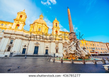Extreme wide perspective photo of famous Borromini's church of St. Agnes on Piazza Navona, Rome, on an early morning