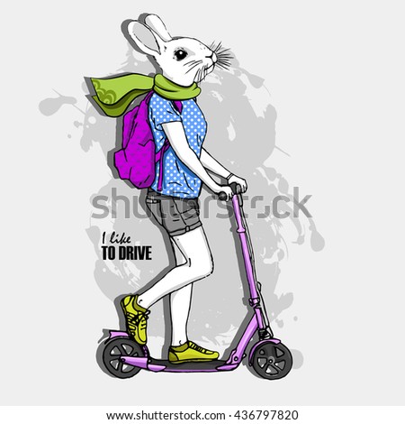 Vector white rabbit on a pink kick scooter. Hand drawn illustration of dressed bunny. 