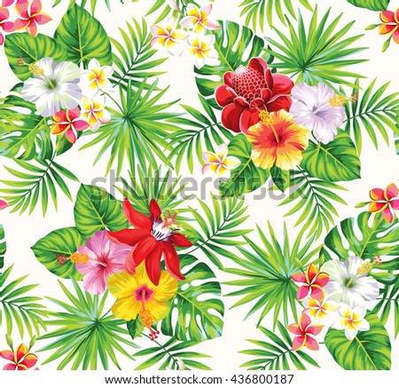 Tropical seamless pattern with palm leaves and flowers. Vector illustration.