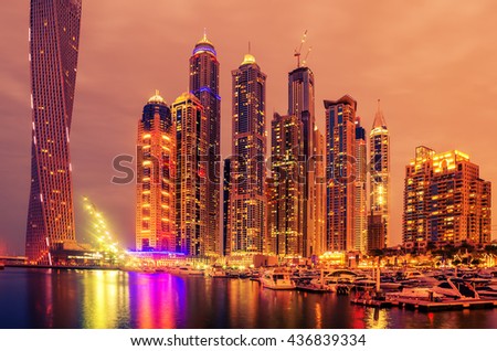 Dubai, United Arab Emirates: Marina in the sunset. Fireworks in the background.