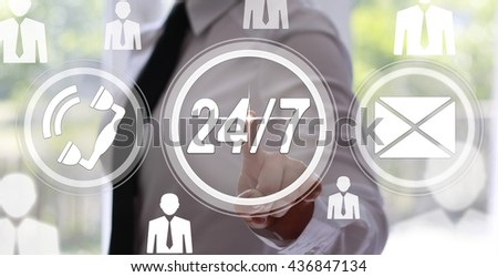 Business, technology, internet and virtual reality concept - businesswoman pressing 24/7 support button on virtual screens with circles. Service business.