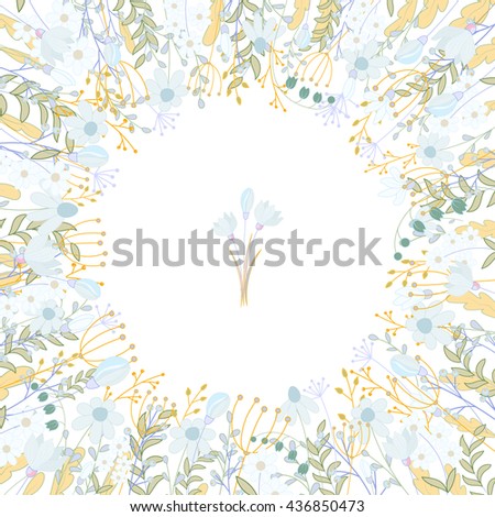 Square frame with little flowers and herbs on white. Floral pattern for your wedding design, floral greeting cards, posters.