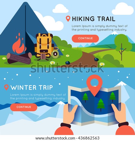 Camping colored banner set with headlines of hiking trail and winter trip vector illustration