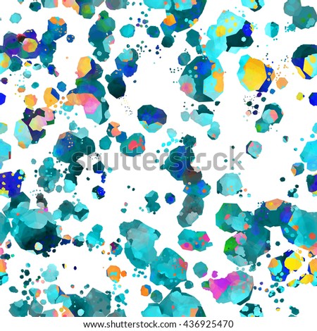 Bright splashes on white backdrop. Abstract seamless background with watercolor effect. Spotted pattern. Blots, stains, drops and splashes. For fabrics, wallpaper wrapping paper printing.