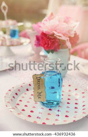 Blue drink in bottle, Alice in wonderland tea party theme,toning
