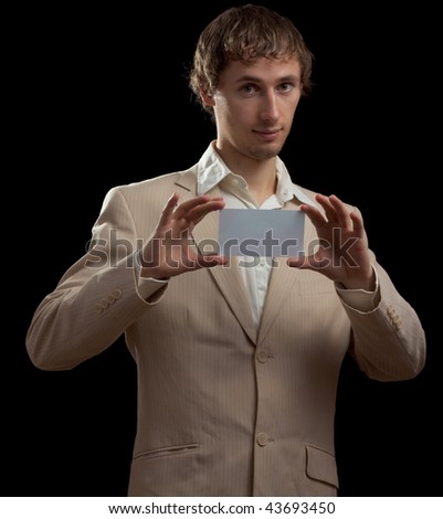 Man holding blank card for adverise isolated