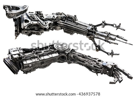 Metallic robot hand made from machine part isolated on white background