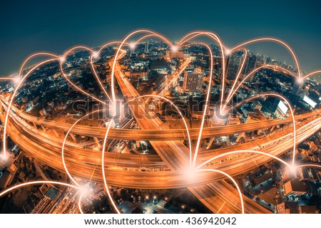 Network and Connection technology concept with city background Royalty-Free Stock Photo #436942042