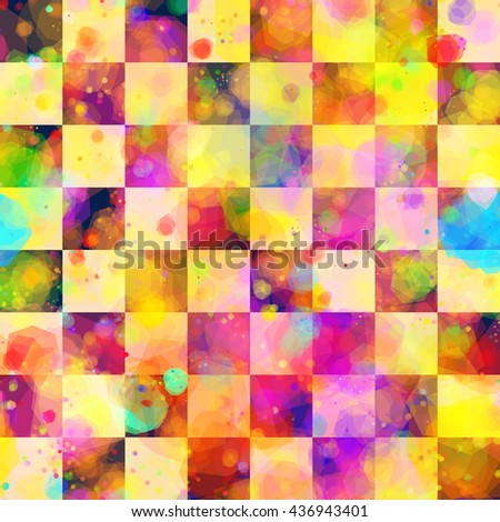 Beautiful checkerboard pattern with watercolor effect. Motley seamless abstract background is divided into cells. Stains and blots randomly mixed. Colorful, easy editable texture.