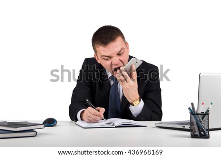 Office, finances, internet, business, success and stress concept-Angry businessman with smartphone shouting isolated on white background