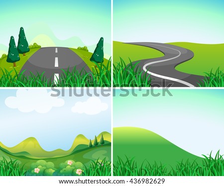 Nature scenes with road and hills illustration