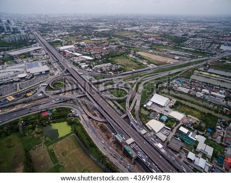 Aerial view above Motorway & Ring Roads Inter-Change Systems on the Outskirt of Bangkok, Thailand.