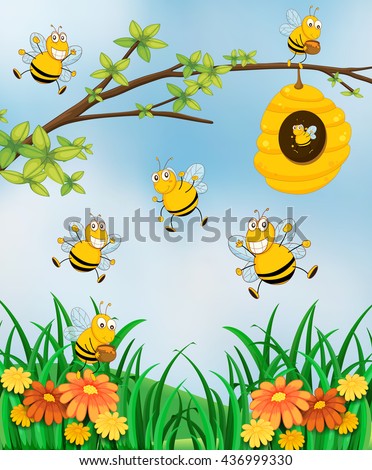 Scene with bees and beehive in garden illustration