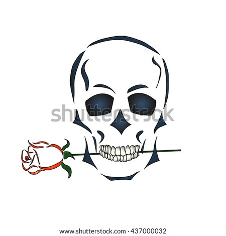 Skull holds a rose in his teeth. Skull on a white background. Skull icon, logo, art. Skull card, poster. Hand drawn.  Isolated vector object.
