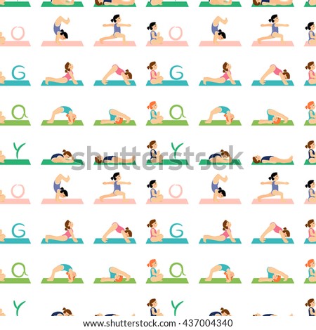 Girl doing yoga pattern, backgrounds and textures. Asana baby yoga. Kids yoga vector pattern. Colored mats for yoga. Yoga for women. Happy and healthy people. The fun of sports and yoga