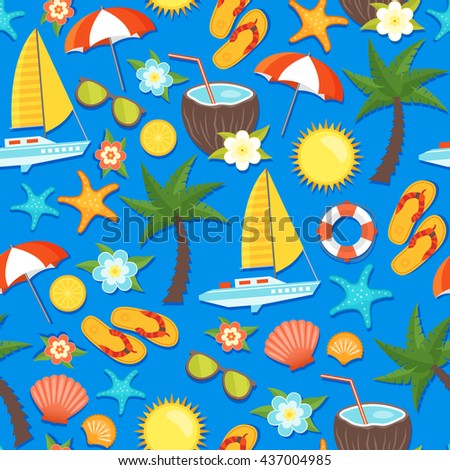 Summer vacation seamless pattern with yacht lifebuoy palm coconut flowers flipflops umbrella on blue background vector illustration