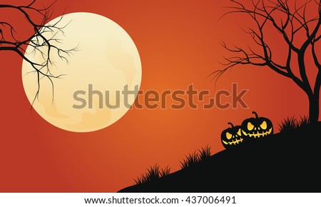 Silhouette of pumpkins in hills halloween backgrounds and full moon