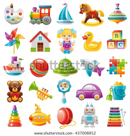 Baby toys icon set: palette, train, yaht, horse, whirligig, mill, toy house, dall, duck, baby block, boat, UFO, plane, puzzle, teddy bear, trumpet, car, pyramid, submarine,  robot, xylophone Royalty-Free Stock Photo #437008852