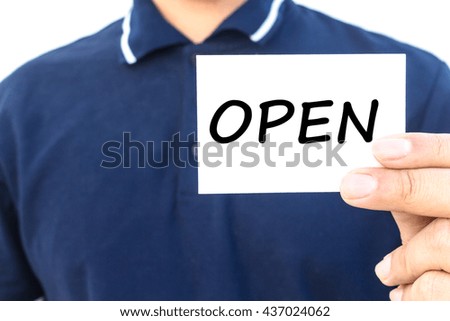 Man hand  showing open sign isolated on white background