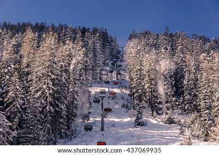 A chairlift in a wintersports resort in between snowy trees
