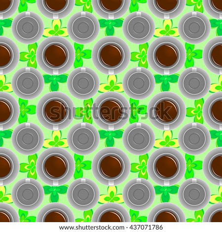 Coffee cup with mint seamless pattern