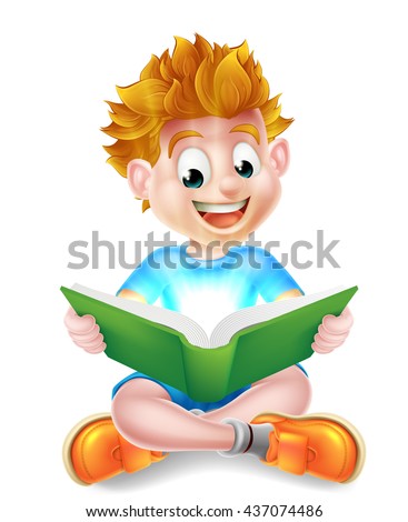 A happy cartoon little boy enjoying reading an amazing book and using his imagination