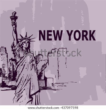 New York city with the statue of liberty for a background poster, advertising, layout, banner. Hand drawing skyscrapers on a shabby, purple background. Vector illustration