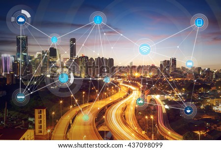 smart city and wireless communication network, abstract image visual, internet of things Royalty-Free Stock Photo #437098099