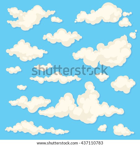 Set of isolated hand-drawn different clouds in the sky on blue background, cloudy magic heaven wallpaper. Collection of vector cloud icons and shapes. 