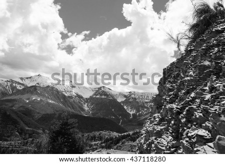 Alpine landscape in Provence-Alpes-Cote d'Azur region of France. Black and white photo.